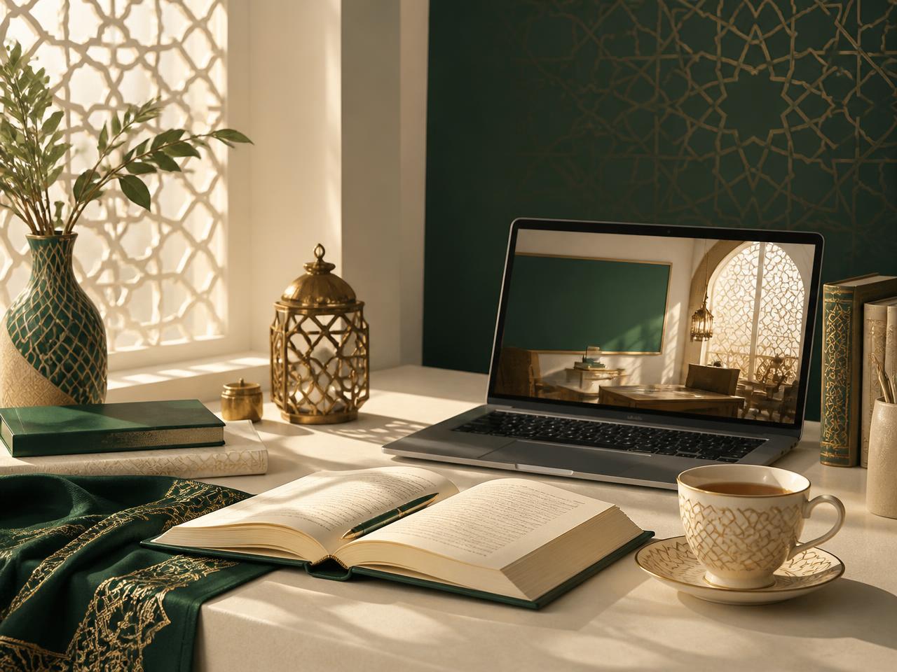 A calm study desk with an open book and a laptop joining a live online Islamic studies class